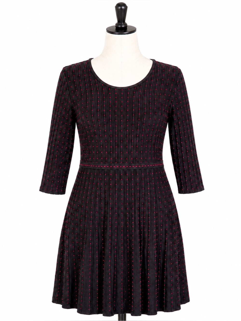 Nina Leonard Black  Fit and Flare Ribbed Knit Dress with Red Dot Detail